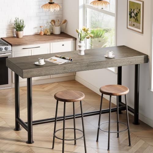 63" Solid Wood Bar Table, Long Counter Height Pub Top Table, Narrow Dining Breakfast Bar Units with Metal Sturdy Legs for Home Kitchen, Living Room, Bistro, Easy to Assemble