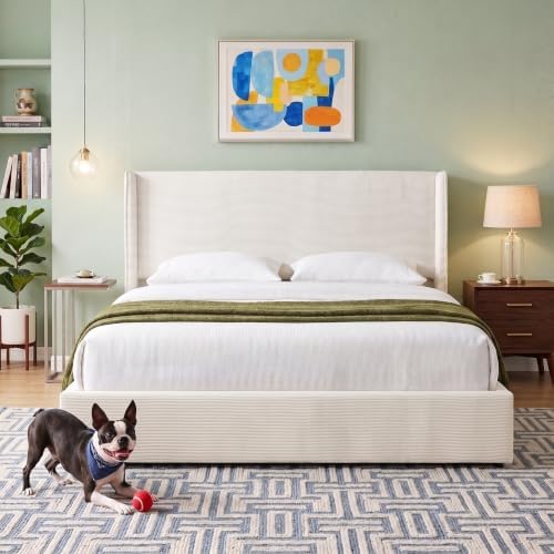 Queen Bed Frame with Storage Drawers, Corduroy Bed with Headboard, Cream