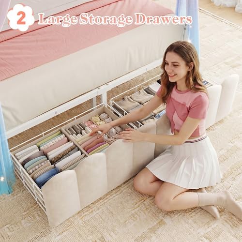 Homkdom Queen Size Canopy Bed Frame with 2 Drawers and LED & Charging,White