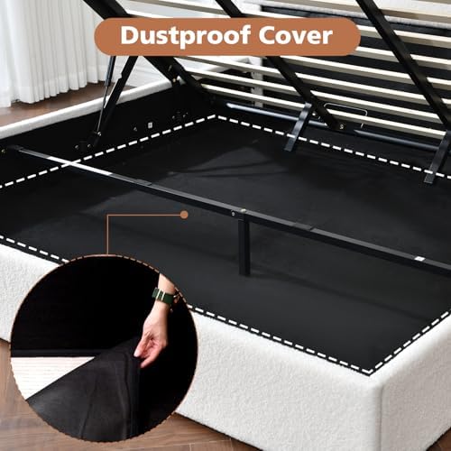 VELOCAVA King Size Boucle Upholstered Platform Bed with Lift-Up Storage, Soft Bed with Curved Headboard, Rounded Corners, Sturdy Wooden Slat Support, No Box Spring Needed, Easy Assembly, Cream White