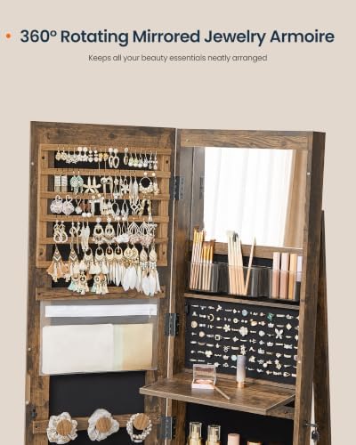 SONGMICS HOME Standing Jewelry Armoire, Full Length Mirror with Storage | Lockable Jewelry Cabinet with 6 LED Lights, Floor Mirror, Built-in Vanity, Rustic Brown Surface, Black Lining UJJC007X01SH