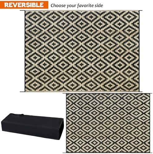 SAND MINE Reversible Mats, Plastic Straw Rug, Modern Area Rug, Large Floor Mat and Rug for Outdoors, RV, Patio, Backyard, Deck, Picnic, Beach, Trailer, Camping, Black & Beige, 10' x 14'