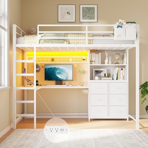 DICTAC Twin Loft Bed with Desk, Storage Bookshelf and 6 Drawers, White
