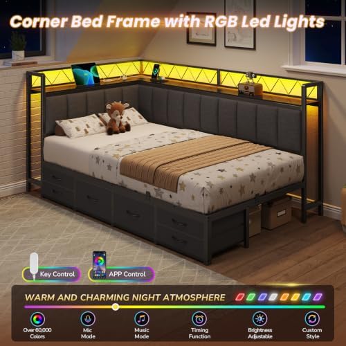 Twin Corner Bed Frame with Storage Shelves, 6 Drawers and Charging Station