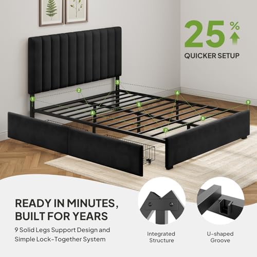 Welzona Queen Size Upholstered Bed Frame with Headboard & 2 Drawers, Black