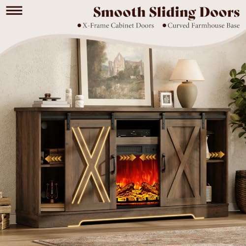AMERLIFE 59" Fireplace TV Stand for TVs up to 65" with Sliding Barn Doors