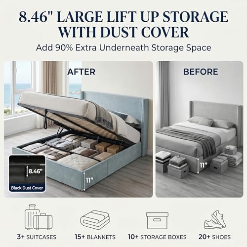 Queen Lift Up Storage Bed, Corduroy Platform Bed with Headboard, Light Blue