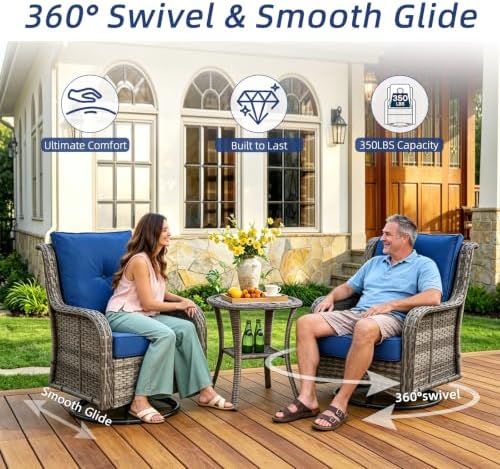 Wumiokio Patio Furniture Sets, Wicker Outdoor Furniture - 360 Degree Swivel Rocking Chairs and Rattan Side Table for Garden,Porch,Backyard (Grey Wicker/Blue Cushion, 5PCS - Swivel Chairs & Ottoman)