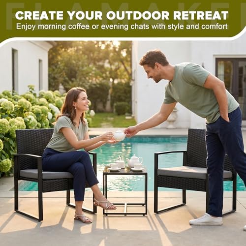 Flamaker 3 Pieces Patio Furniture Set Outdoor Wicker Bistro Chair (Grey)