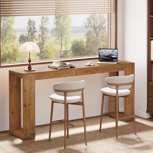 63-Inch Solid Wood Bar Table, Narrow Long Counter Height Pub Dining Table, Farmhouse Rectangular Home Coffee Bar Units for Kitchen, Dining Room, Living Room, Bistro, Brown