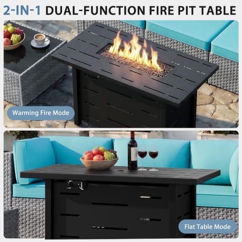 Shintenchi 6 Piece Outdoor Patio Furniture Set with 43 Inch Propane Fire Pit, Washable Cushions, Glass Coffee Table, Waterproof Cover & CSA Certified for Backyard Poolside, Silver PE Rattan/Blue