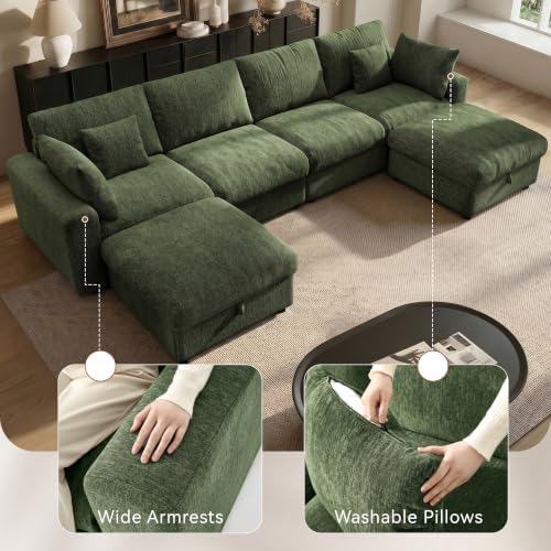 Ihanherry 141" Oversized Cloud Sectional Couches for Living Room, Modular Sectional Sofa with Wide Deep Seat, U Shaped Couch with Throw Pillow and Storage Ottoman, Green