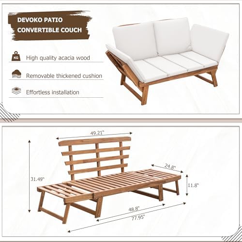 Devoko Outdoor Couch Acacia Wood Outdoor Sofa Balcony Furniture (White)