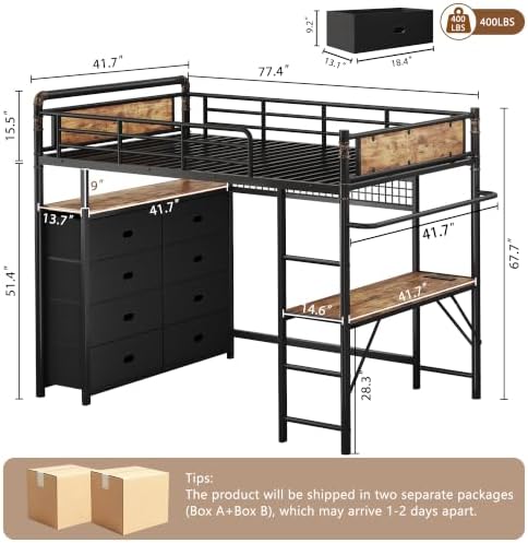 Jocoevol Twin Loft Bed with Desk and 8 Storage Drawers, Rustic Brown