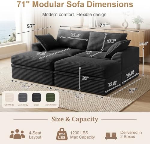 Boneless Sectional Couch with Storage, Upgraded Modular Sofa with Ottoman, Deep Seat Sleep Sofa for Living Room, 4 Seat Memory Foam Modern Corduroy Cloud Sofa with 2 Pillows,No Assembly(71"-Black)