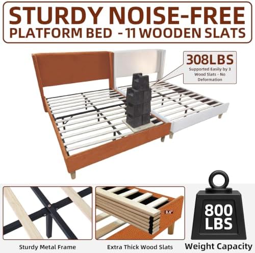 Queen Corduroy Upholstered Platform Bed with Headboard Wingback, Ocher