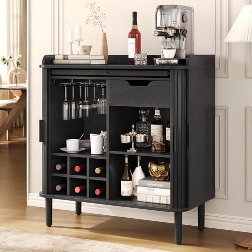 ONBRILL Fluted Bar Cabinet with Storgae, Wine Cabinet, 33" H, Black
