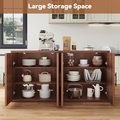MapleGrace 63" Fluted Buffet Cabinet, Walnut Credenza with Adjustable Shelf