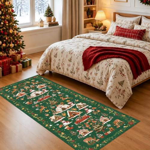Washable Christmas Rug Runner 2x6 - Xmas Snowflake Green Rug for Kitchen Entryway Non Slip Farmhouse Low Pile Carpet for Laundry Bedroom Bathroom Stain Resistant Floor Mat Pet-Friendly Rug（2x6，Green）