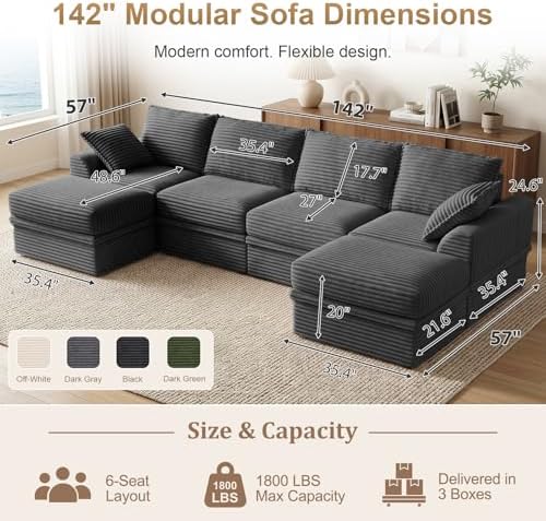 142" Upgraded Boneless Couch with Storage, Modular Sectional Couches for Living Room, Oversized Deep Seat 6-Seat U Shaped Cloud Sofa with Ottoman & Pillows,Corduroy,No Assembly (Gray)