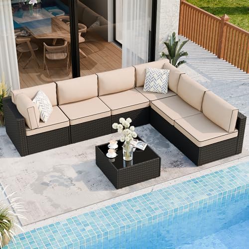 Shintenchi 7 Piece Outdoor Patio Furniture Set with Black PE Rattan, Khaki