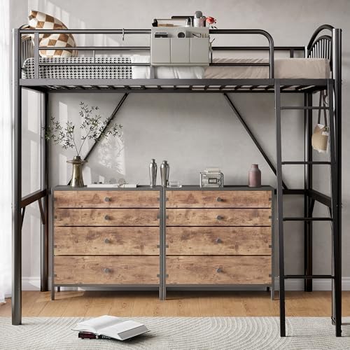 Decofy Metal Loft Bed Twin Size, Heavy Duty Loft Bed with Bedside Caddy, EVA Anti-Slip Ladder with Sturdy Guardrails, Space-Saving Twin Size Loft Bed for Teens & Adults for Bedroom Dorm (Black)