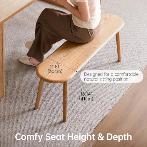 100% Solid Oak Dining Bench, Wood Bench for Bedroom End of Bed with Rounded Corners, Entryway Benches for Dining Room, Kitchen, Living Room (Natural Oak, 47.2")