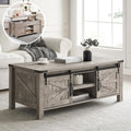 OKD 48" Farmhouse Lift Top Coffee Table Sliding Barn Door, Light Rustic Oak