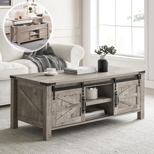 OKD 48" Farmhouse Lift Top Coffee Table Sliding Barn Door, Light Rustic Oak