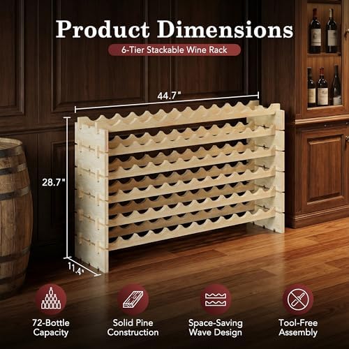 72 Bottles Stackable Modular Wine Rack, 6-Tier 72 Slots Floor Wine Storage Stand Wooden Wine Holder Display Shelves, Wobble-Free, Solid Wood, Floor Free Standing