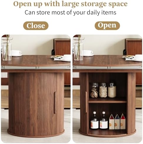weselon 43"-59" Extendable Round to Oval Dining Table with Hidden Storage, Modern Wooden Kitchen Table with Fluted Sliding Door Cabinet, Expandable Dinner Table for Dining Room Living Room (Walnut)