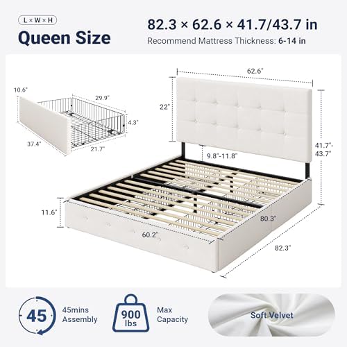 Allewie Queen Size Storage Bed Frame with 4 Underbed Drawers, Upholstered Platform Bed with Adjustable Headboard, Square Button Tufted, Easy Assembly, Noise-Free, No Box Spring Needed, Soft White