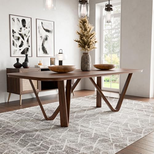Furniture of America Nazaen I 94.5" Mid-Century Modern Solid Wood Live Edge Dining Table with Steel Support, Walnut Finish, Seats 6–8