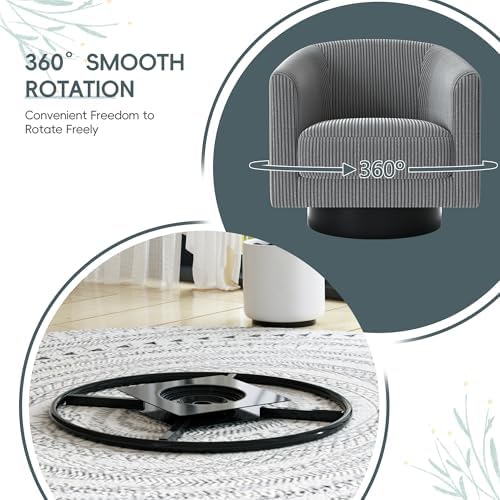 Swivel Accent Chairs, 360 Degree Bucket Chair, Modern Upholstered Barrel Armchair, Comfy Corduroy Single Sofa for Living Room Bedroom, Grey
