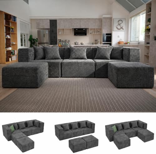 MONVANE 103" U-Shaped 5 Seat Modular Sectional Cloud Couch, Grey