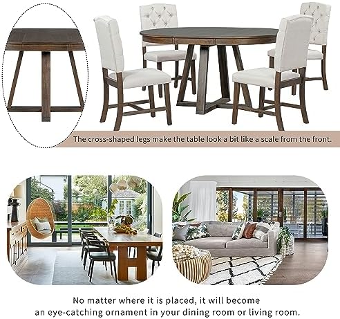 LUMISOL Round Dining Table Set for 4, Farmhouse Extendable Kitchen Table Set with 4 Upholstered Chairs, Solid Wood Table and Chairs Set for Kitchen, Dining Room, Living Room, Beige+Walnut
