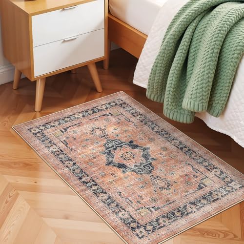 Washable 2x3 Small Area Rug: Vintage Indoor Soft Non Slip Door Mat Stain Resistant Carpet for Bedroom Living Room Light Weight Floor Mat for Kitchen Bathroom - Perfect for Homes with Pets (2x3,Orange)