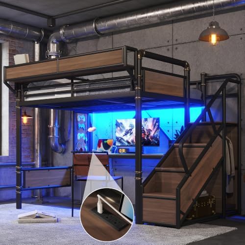 KEIKI Full Size Metal Loft Bed Frame with Storage Staircase, Desk, Black