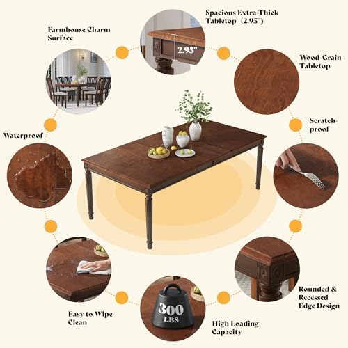 AMERLIFE 79" Solid Wood Farmhouse Dining Table with Roman Legs, Brown