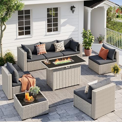 Outdoor Patio Furniture Set with Fire Pit 8 Pcs Wicker Sectional Sofa Black