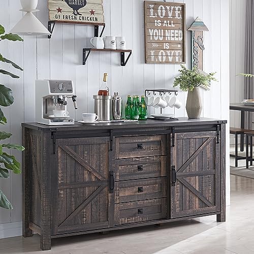 T4TREAM 60" Wide Farmhouse Sideboard Buffet Cabinet, Dark Rustic Oak
