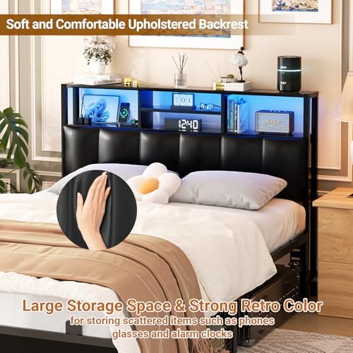 Aheaplus Headboard for Full Size Bed with Storage, Upholstered Headboards with Outlets, USB Ports and LED Light, Reversible Full Size Head Board, Height Adjustable, Comfortable Headboard, Black