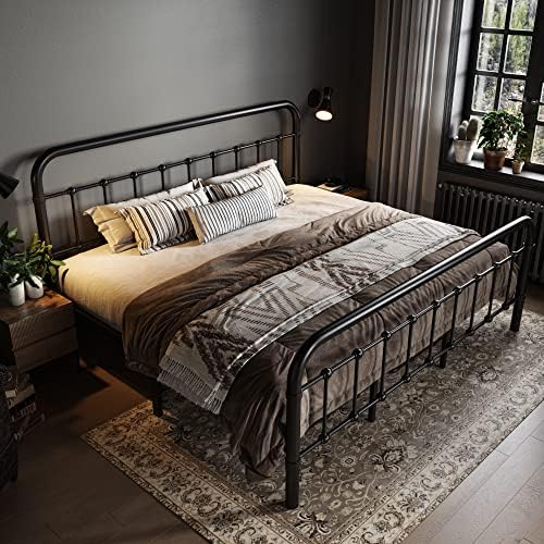 Allewie King Metal Bed Frame with Victorian Iron-Art Headboard, Black