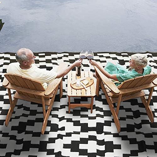 SAND MINE Waterproof Outdoor Rug 9x18 ft, Plastic Straw Rug, Modern Area Rug, Large Floor Mat, RV, Patio, Backyard, Deck, Picnic, Beach, Trailer, Camping (9' x 18', Black & White Lattice)