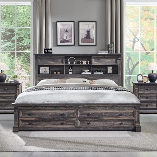 Queen Size Bed Frame with 54" Tall Headboard with 4 Storage Rack, 2 Drawers