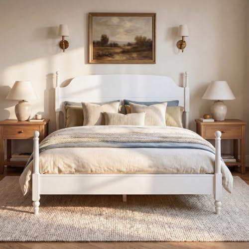 Christopher Knight Home Kane Wooden King Bed Frame with Headboard, Farmhouse King Size Bed Frame and Arched Headboard, 4-Poster King Bedframe with Slats Support, No Box Spring Needed, White