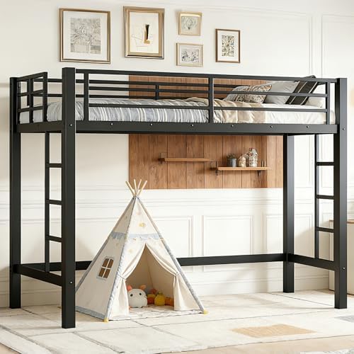 Bellemave Twin XL Size Loft Bed Frame with 2 Ladder, Sturdy Metal Construction & High Guardrail, Space Saving Twin XL Loft Bed for Kids, No Box Spring Needed, Safe for Adults, Teens, Dorms, Black