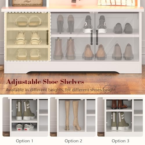 White Hall Tree with Bench and Shoe Storage, Entryway Bench with Storage