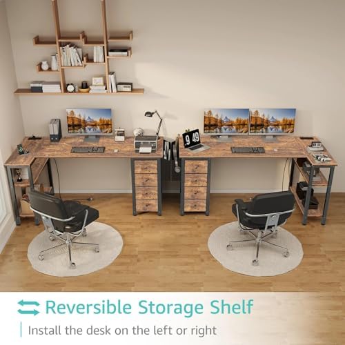 Lufeiya L Shaped Computer Desk with Drawers & Storage Shelves, 63 Inch Corner Desk with Power Outlet for Home Office Bedroom, L-Shaped Teen PC Gaming Desks with Fabric Drawer, Rustic Brown