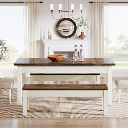 Tribesigns Farmhouse Kitchen Table Set for 4-6, 55-Inch Wooden Dining Table with 2 Benches, Space Saving 3 Pieces Heavy Duty Dinette for Dining Room, Kitchen, Small Space
